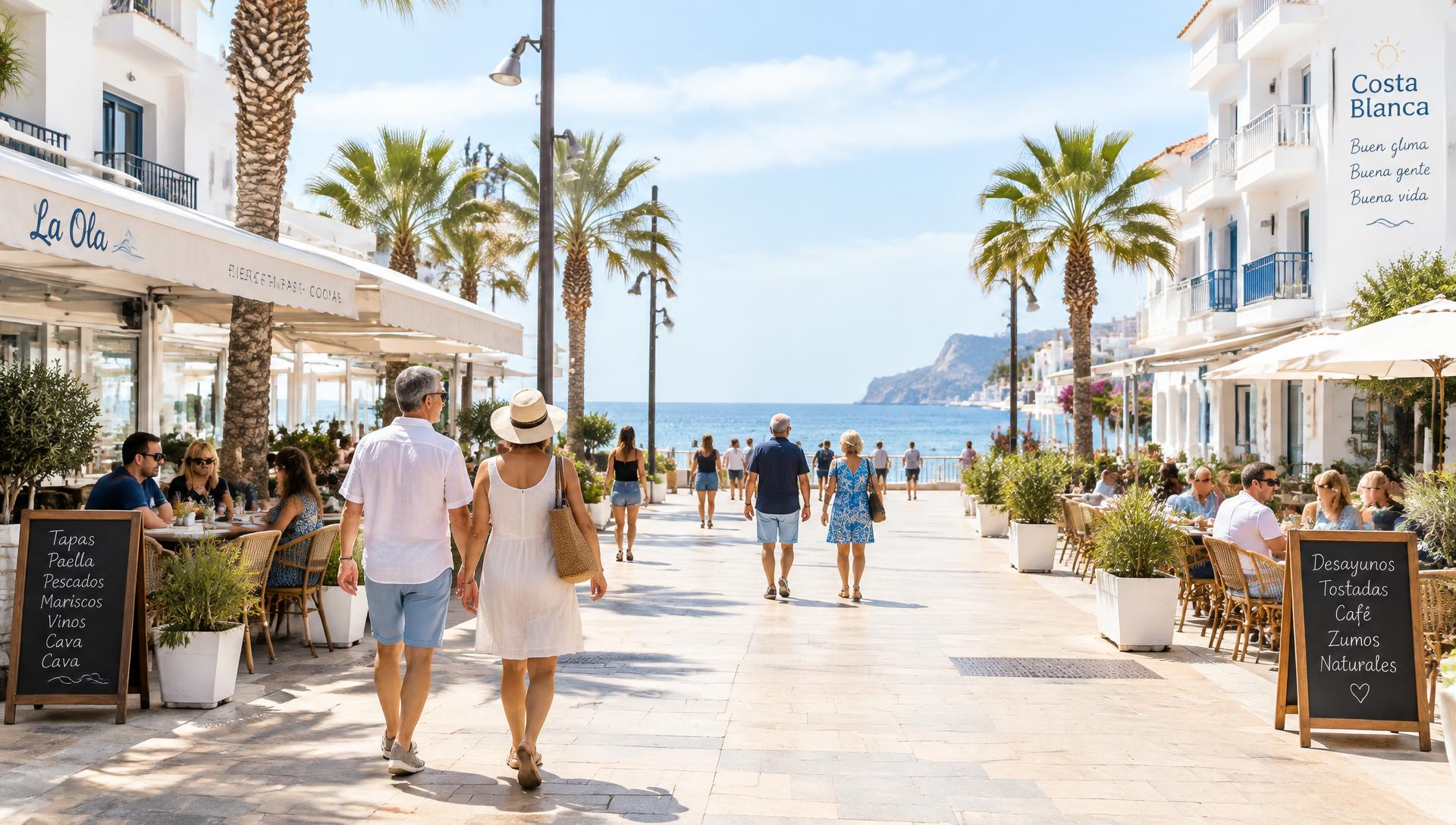 Zonnige Spaanse kustpromenade met wandelaars, terrassen, palmbomen en zee op de achtergrond